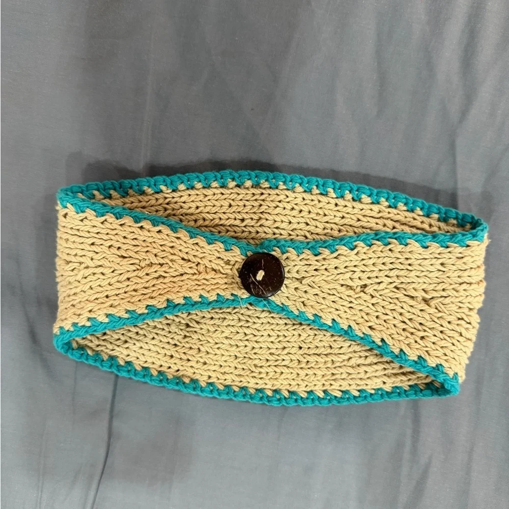 Beige and Teal Knit Headband with Flower